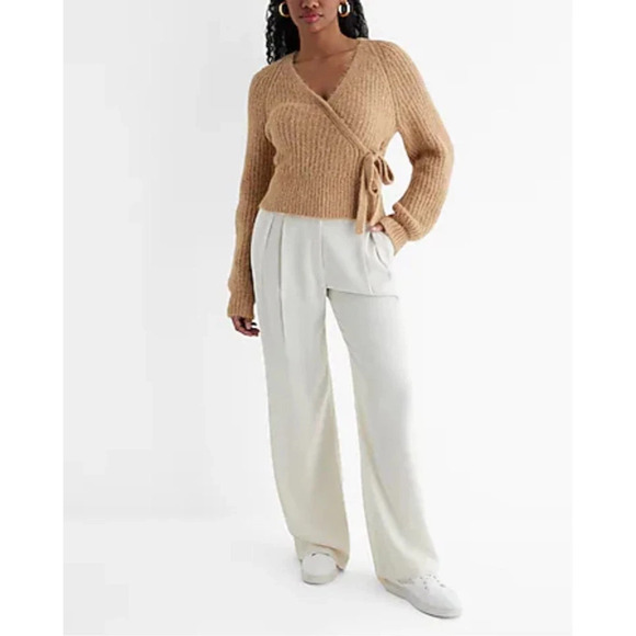 Express Fuzzy Ribbed Surplice Tie Wool Blend Sweater in Pecan Size Small NWT - Picture 1 of 15